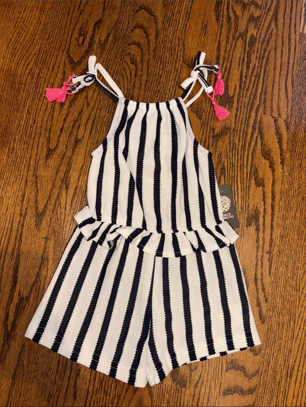 Vince Camuto Navy and White Striped Girls' Romper with Pink Tassels
